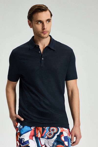 Hemington Pure Linen Navy Blue Polo Neck T-Shirt
