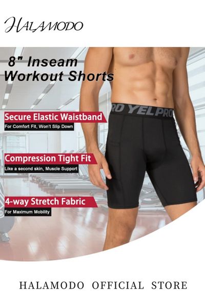 HALAMODO 3 Packs Men's Compression Shorts with Pockets Spandex Sport Shorts Athletic Workout