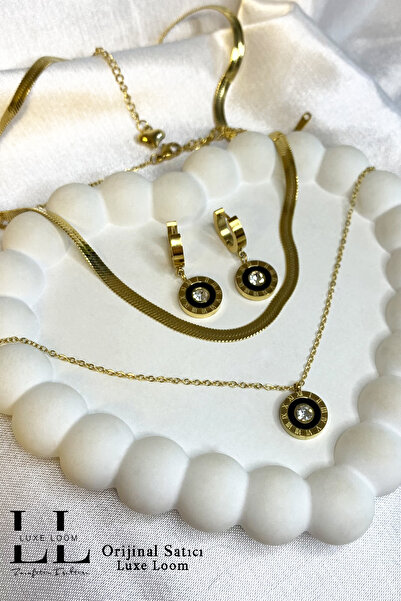Luxe Loom Zarafetin Işıltısı Kararmayan Çelik İtalyan Ezme ve Roma Rakamlı Siyah Mine Üzerine Zirkon Taşlı Kolye Küpe Set 001