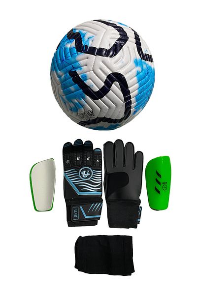 unes 5 No Blue Striped Football Goalkeeper Gloves and Shin Guard Set of 3 (Pump Gift)