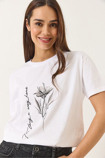 Bianco Lucci Tricou de damă cu mânecă scurtă cu imprimeu floral și decolteu 60602033