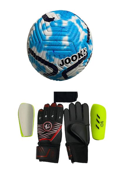unes 5 No Blue Striped Football Goalkeeper Gloves and Shin Pads Set of 3 (with Pump Gift)