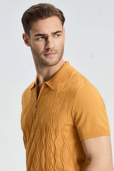 Hemington Diamond Patterned Orange Giza Cotton Knitwear Polo