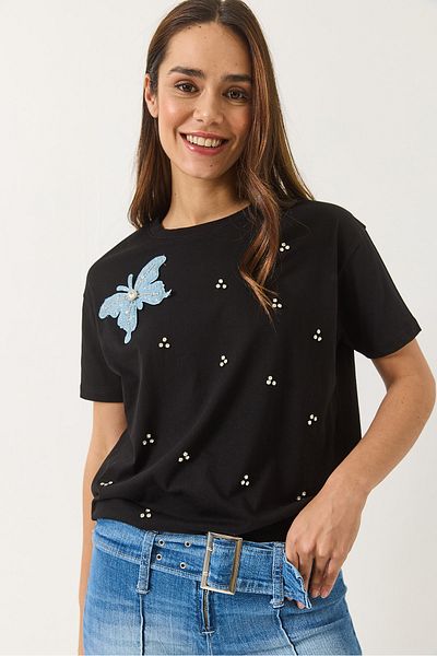 Bianco Lucci Women's Butterfly Accessory Stone Embroidered Short Sleeve T-Shirt 60602036