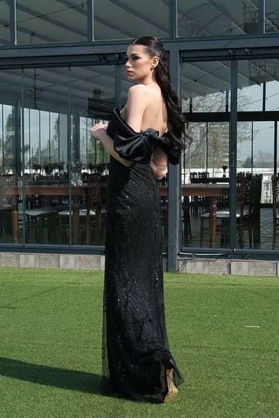Feminist Balloon Sleeve Evening Dress with Stone Beads Embroidered Black 9705417