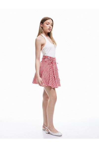Koton Flounced Gathered A-Line Seersucker Viscose Blended Gingham Mini Skirt