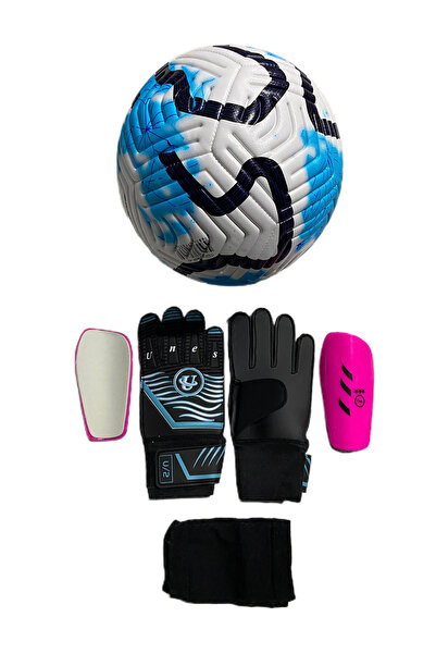 unes 5 NO MAVİ ÇİZGİLİ FUTBOL TOPU KALECİ ELDİVENİ VE TEKMELİK 3'LÜ SET (POMP...