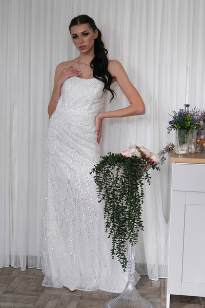 Feminist Taş İşlemeli Uzun Balık Abiye Beyaz 0801056