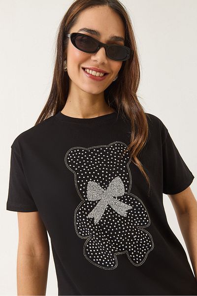 Bianco Lucci Women's Teddy Ribbon Detailed Stone T-Shirt 60602035