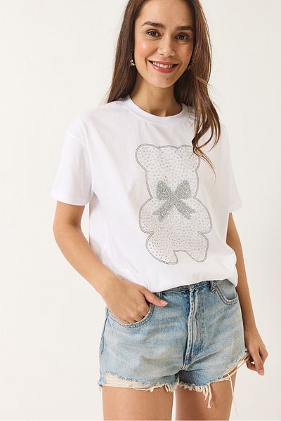 Bianco Lucci Γυναικείο Teddy Ribbon Λεπτομερές T-Shirt από πέτρα 60602035