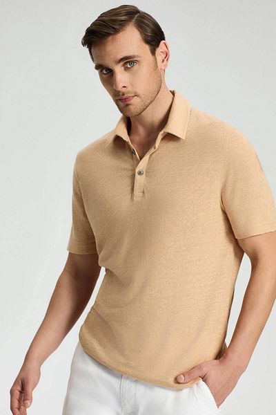 Hemington Pure Linen Sand Color Polo Neck T-Shirt