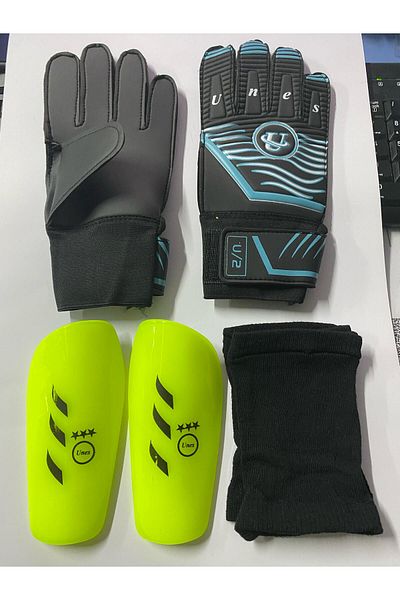 unes 5 No Blue Striped Football Goalkeeper Gloves and Shin Guard Set of 3 (Pump Gift)