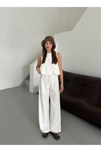 Laluvia Ecru 100% Cotton Blouse Trousers Set - 251003