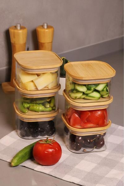 Atbyhome Duo 400 ml Square Borosilicate Glass Bowl with Bamboo Lid - 6 Pieces