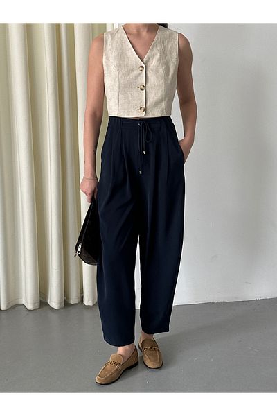 Laluvia Navy Blue Elastic Waist Pleated Trousers - 51111
