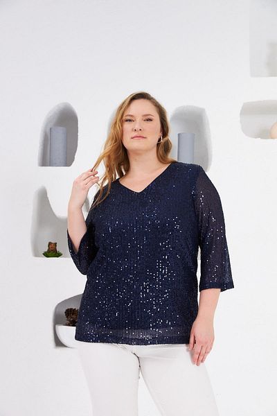 RMG Large Size Lined Sequined Blouse Navy Blue
