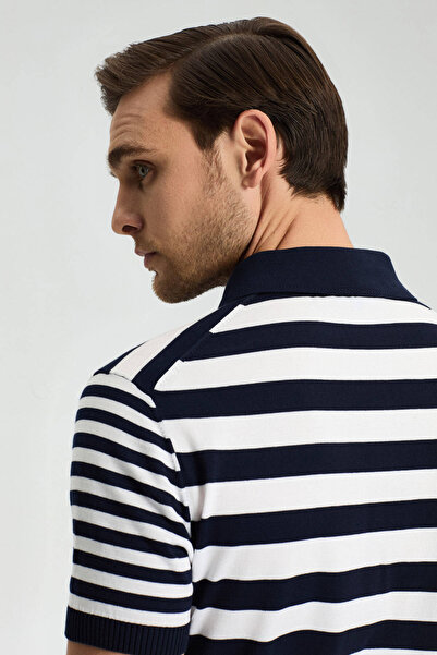 Hemington Zipper Detailed White Navy Blue Striped Pure Cotton Knitwear Polo