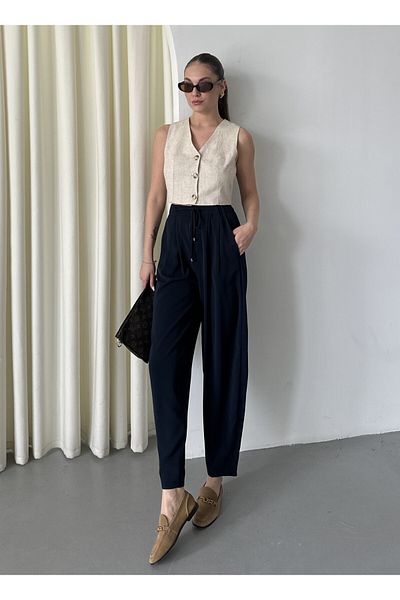 Laluvia Navy Blue Elastic Waist Pleated Trousers - 51111