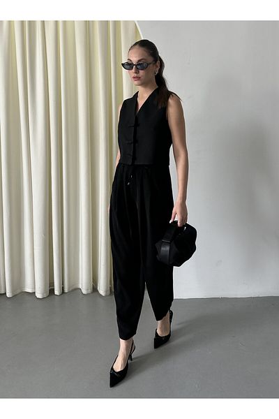 Laluvia Black Elastic Waist Pleated Trousers - 51111