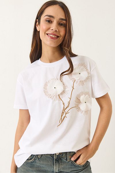 Bianco Lucci Γυναικείο T-Shirt με κοντό μανίκι με λαιμόκοψη με κεντημένα αξεσουάρ ανάγλυφο 60602024