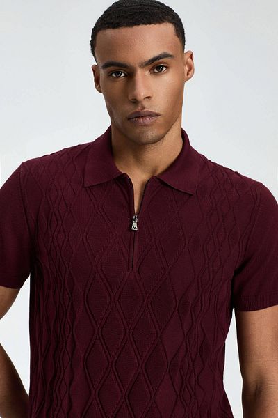 Hemington Burgundy Giza Cotton Tricot Polo with Rhinestone Pattern
