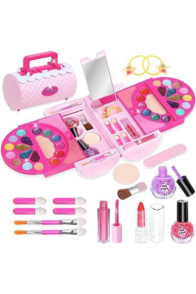 COOYA Kids Makeup Kit, 56 Pcs Washable Real, with Cosmetic Case, for 3-12 Years Old Toddler Girls (Pink)