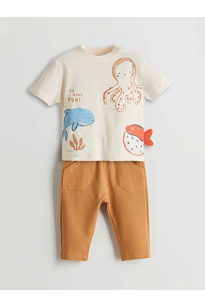 LC Waikiki Lcw Baby Beige Printed Baby Boy T-Shirt and Pants 2Pcs