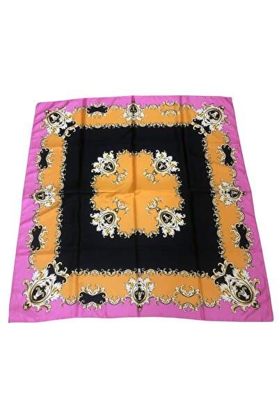 TikiTonki Kare Kesim Etnik Çiçek Desenli Saten Pembe Eşarp - 90x90