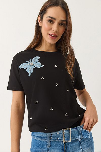 Bianco Lucci Women's Butterfly Accessory Stone Embroidered Short Sleeve T-Shirt 60602036