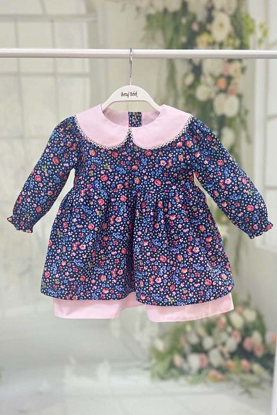 Bertuğ Bebek Rochie din bumbac, albastru, roz, cu guler pentru bebelusi, pentru fetita cu flori
