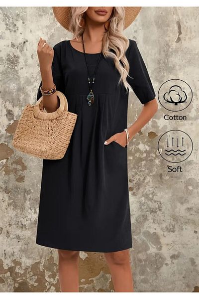 Little Visqon Rochie de damă cu mânecă scurtă, cu guler deschis în față, cu buzunare, cu două fire din viscoză