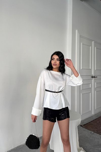 POLEXP Ahes Shopping Belt Detailed Satin Blouse - White