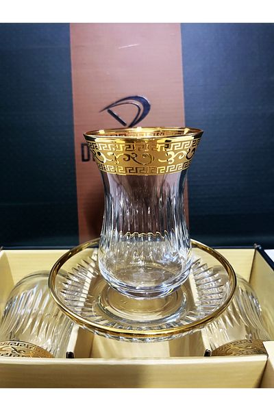 DECOSTYLE Ajda Paşabahçe Decorated Gold Gilded Super Patterned Glass Plate 12 Piece Tea Set