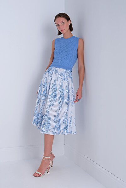 JOIN US Kolsuz Piliseli Kumaş Midi Mavi Elbise