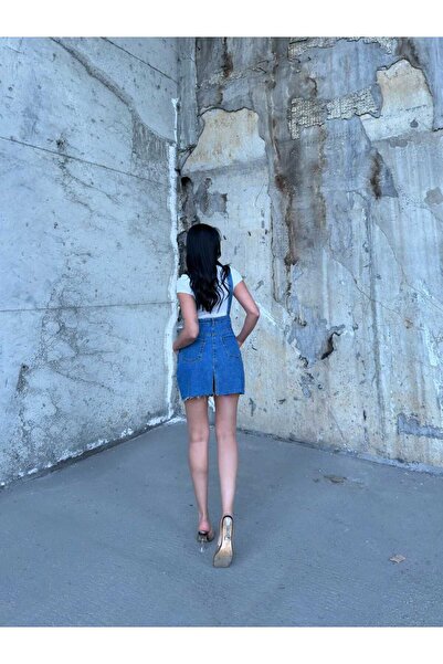 SHEVEGA Women's Blue Tip Cut Kangaroo Pocket Skirt Gardener Jeans Jumpsuit