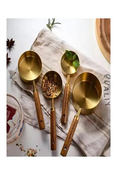 PANJI 4Pcs Stainless Steel Wooden Handle Pinterest Measuring Spoon Set Measuring Cup