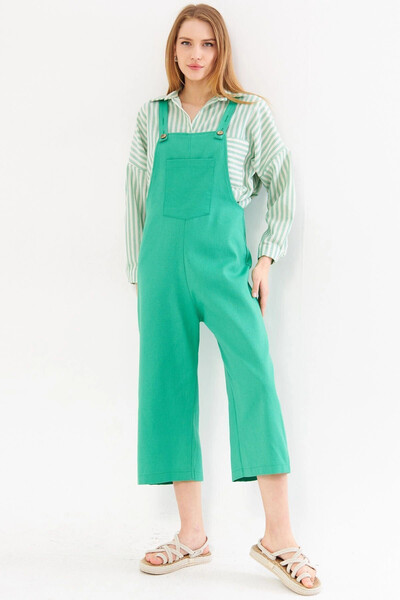 bacc Women's Green Front Pocket Strap Summer Gabardine Gardener Jumpsuit Salopet Bcdf-234202