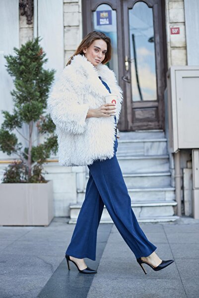 Jument Kadın Likralı Yumuşak Dokulu Kadife Kumaş Yüksek Bel Yan Cepli Bol Paça Palazzo Pantolon-İndigo