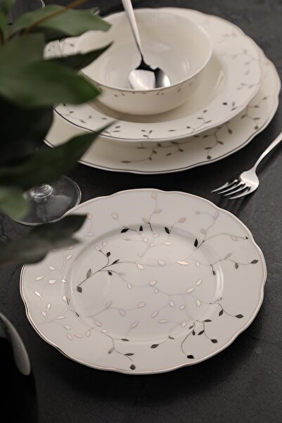 Kütahya Porselen Bone Olympos 56 Parça 12 Kişilik Yemek Takımı Silver Leaves