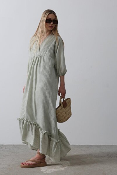 Modayakamoz Çizgili Oversize V Yaka Elbise - Haki