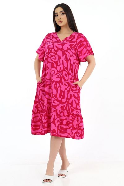 SCHIK Rochie de damă din viscoză cu jumătate de mânecă, cu decolteu în V, cu buzunare, cu volane, fucsia