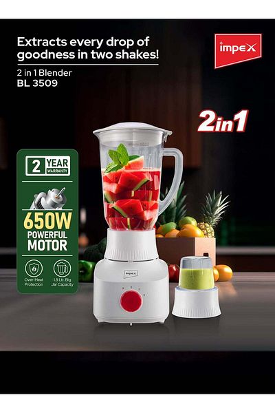 İMPEX خلاط قوي 2 في 1 بقوة 650 واط مع مطحنة BL3509 - وعاء خلط سعة 1.8 لتر، وعاء طحن سعة 50 جرام، إعدادان للسرعة