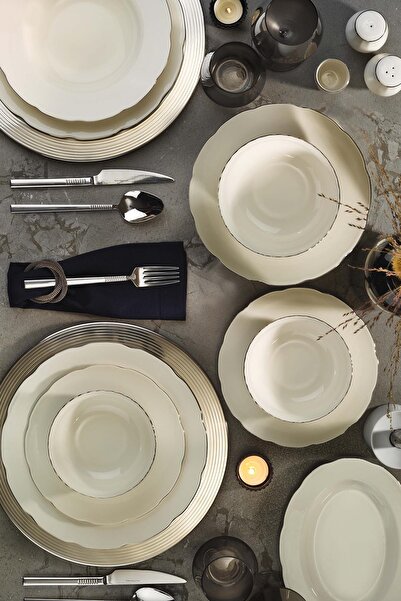 Kütahya Porselen Bone Olympos 58 Parça 12 Kişilik Yemek Takımı Platin