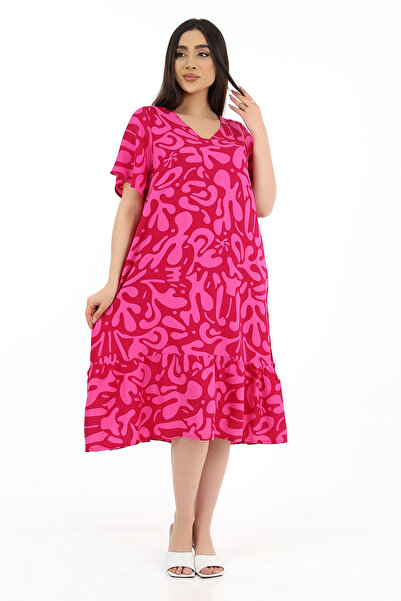 SCHIK Women's Viscose Half Sleeve V-Neck Pocket Ruffle Dress Fuchsia