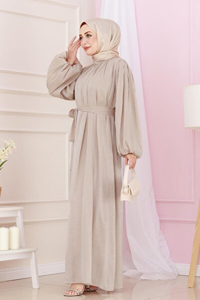 Sevitli Βραδινό φόρεμα μπεζ με μπαλόνι με πέτρα