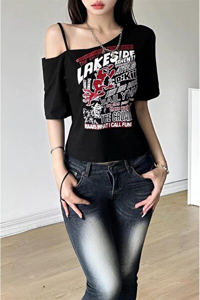 Karakedi Crop cu mânecă scurtă Y2K cu umăr decoltat Black Lakeside