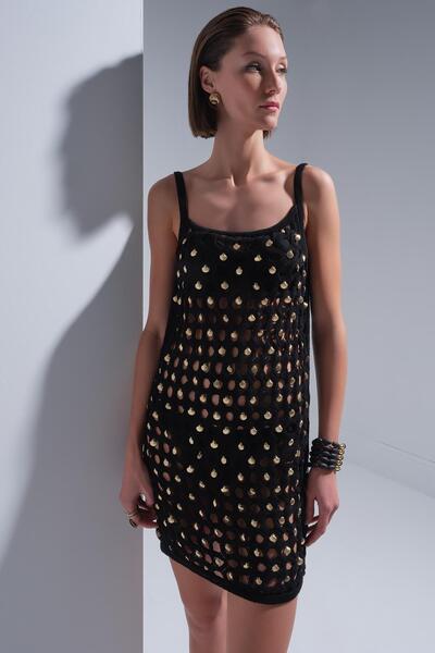 JOIN US Handcrafted Oyster Knitwear Lined Black Mini Dress