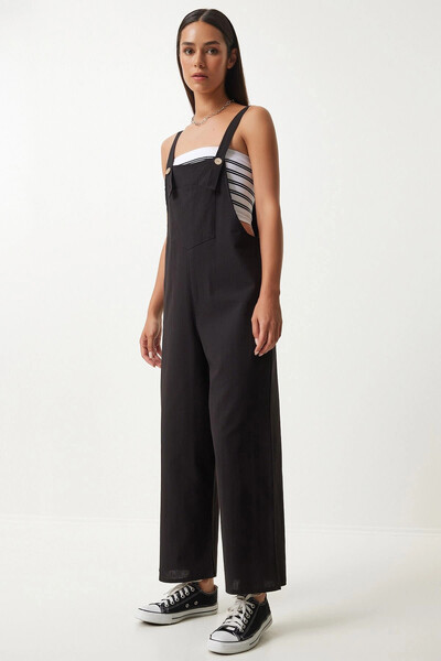 bacc Women's Dark Black Summer Gabardine Gardener Overalls with Front Pocket and Straps