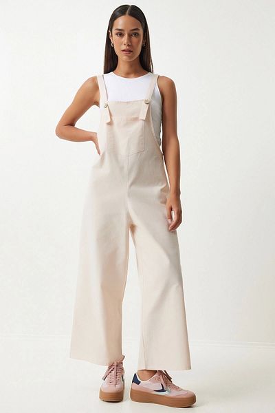 bacc Women's Light Beige Summer Gabardine Gardener Overalls with Front Pocket and Straps