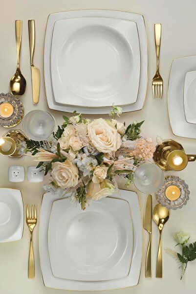 Kütahya Porselen İnci Bone Mare 53 Parça 12 Kişilikyemek Takımı Altın File